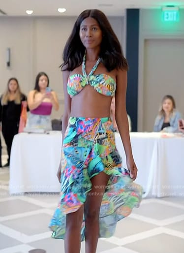 Kiki's greenfloral print skirt and halter bikini top on The Real Housewives of Miami