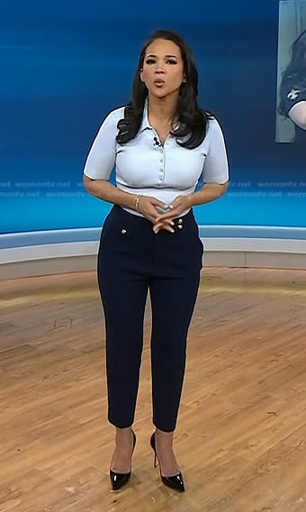 Laura's blue ribbed polo and navy pants on Today