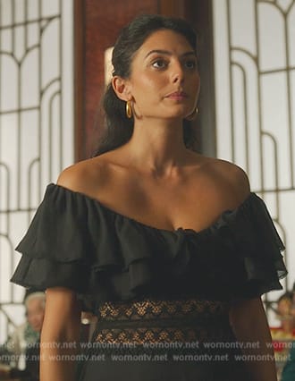 Leila's black lace inset ruffle dress on Death and Other Details