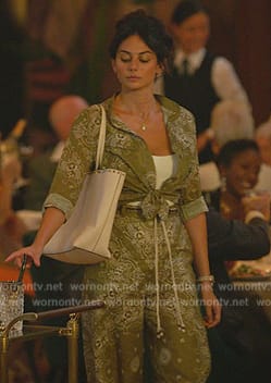 Leila's green bandana print top and pants on Death and Other Details