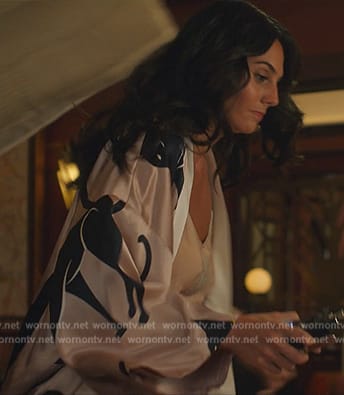 Leila's pink black cat print robe on Death and Other Details