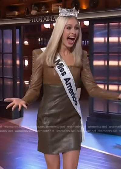 Madison Marsh's brown leather two-tone dress on The Kelly Clarkson Show