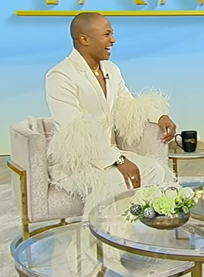 Malcom MJ Harris's white feather trim suit on Tamron Hall Show