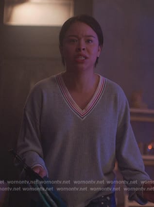 Mariana's gray stripe trim v-neck sweater on Good Trouble