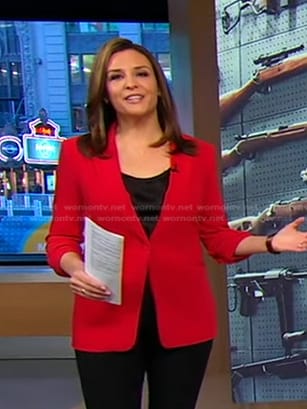 Mary's red ruched sleeve blazer on Good Morning America