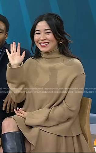 Maya Erskine's camel turtleneck sweater and mini skirt on Today
