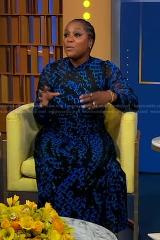 Maya Feller's black and blue chain print dress on Good Morning America