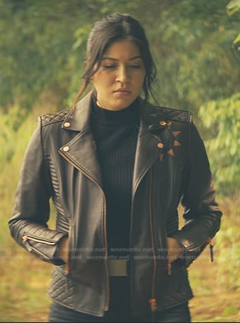 Maya's burgundy leather jacket on Echo