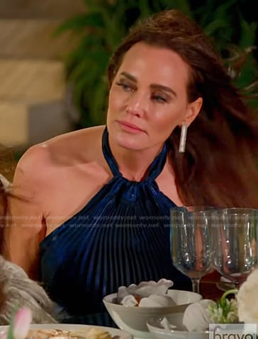 Meredith's navy pleated halter dress on The Real Housewives of Salt Lake City