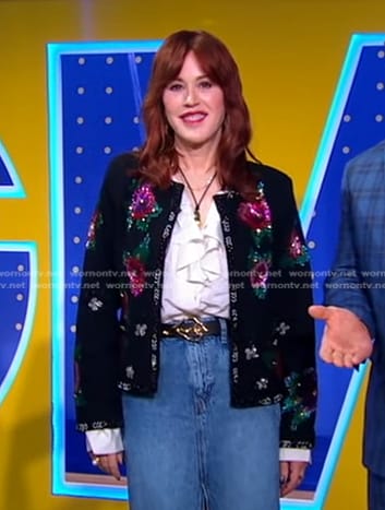 Molly Ringwald's black floral embellished jacket on Good Morning America