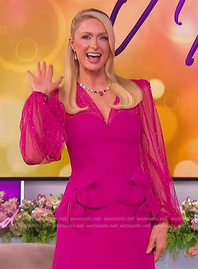 Paris Hilton's pink bow detail dress on The Jennifer Hudson Show