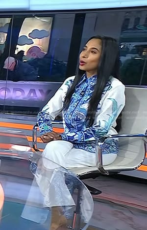 Dr. Roshini Rajapaksa's white and blue printed shirt on Today