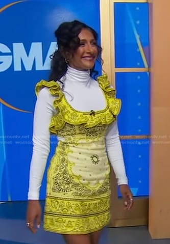 Sarayu Blue's yellow bandana print mini dress on Good Morning America