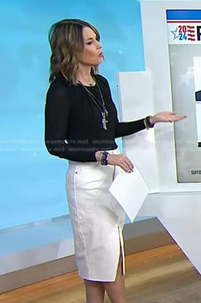 Savannah's black top and white denim skirt on Today