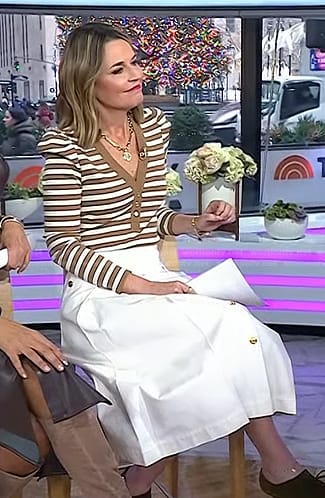 Savannah's brown striped puff sleeve top and skirt on Today