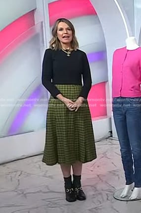 Savannah's green check midi skirt and ankle boots on Today