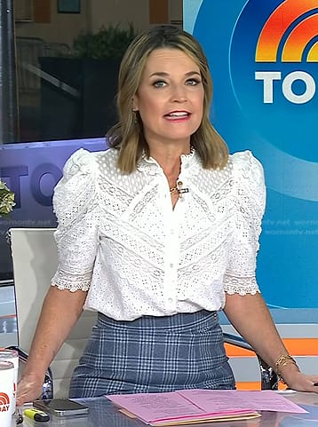 Savannah's white puff sleeve top and plaid pencil skirt on Today