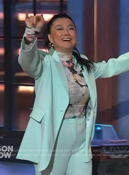 Sherry Cola's light blue blazer and floral mesh top on The Kelly Clarkson Show