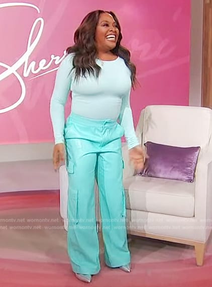 Sherri's light blue leather utility pants on Sherri