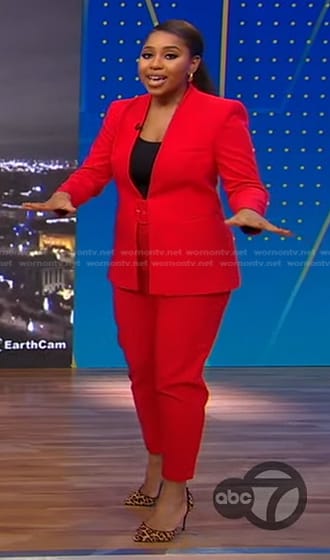 Somara Theodore's red jacket and belted pants on Good Morning America