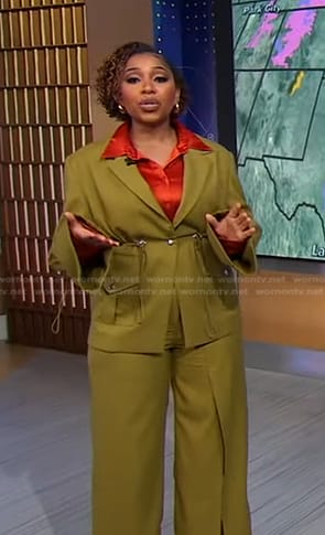 Somara Theodore's yellow drawstring blazer and slit pants on Good Morning America