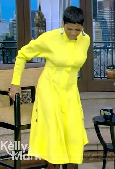 Tamron’s yellow button detail dress on Live with Kelly and Mark