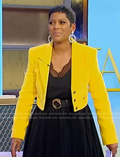 Tamron's yellow cropped jacket on Tamron Hall Show