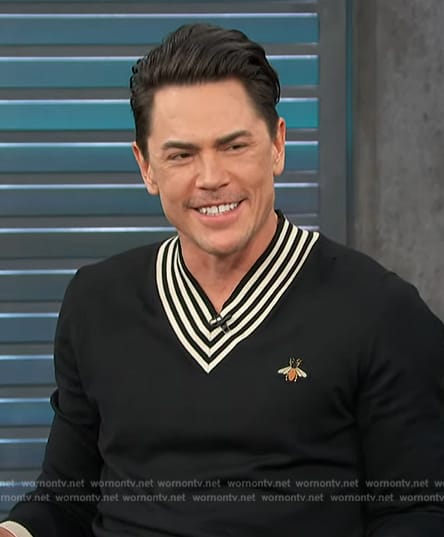 Tom Sandoval's black bee embroidered sweater on Access Hollywood