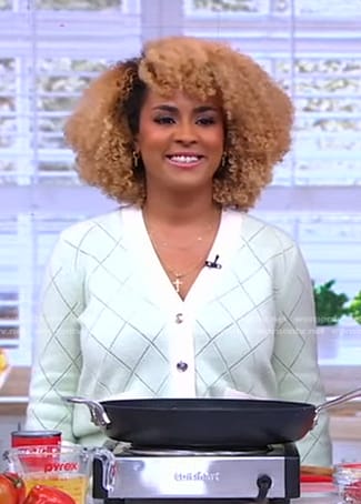 Toni Chapman's mint diamond knit cardigan on Good Morning America