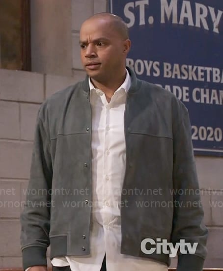 Trey's grey suede bomber jacket on Extended Family