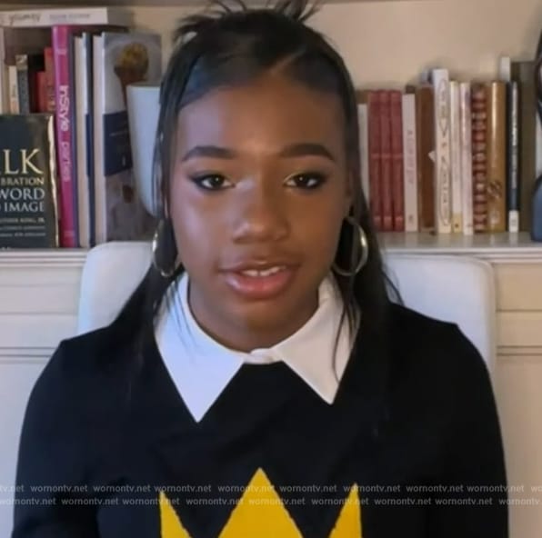 Yolanda Renee King's black crown print sweater on The Kelly Clarkson Show