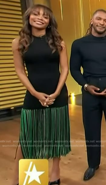 Zuri's black sleeveless fringe dress on Access Hollywood