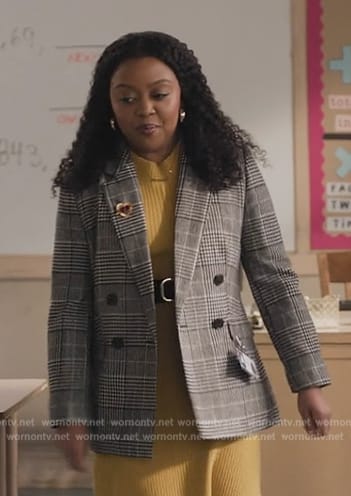 Janine's gray plaid double breasted blazer on Abbott Elementary