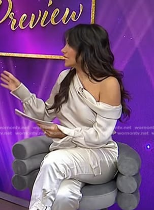 Joelle Garguilo's champagne one off-shoulder satin top on Today