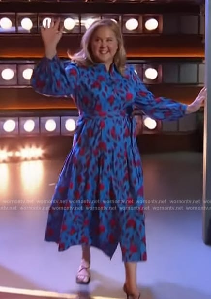 Amy Schumer's blue floral print shirtdress on The Kelly Clarkson Show