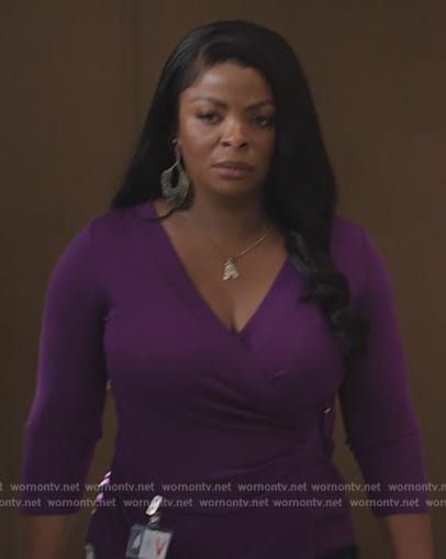 Ava's purple ring detail wrap top on Abbott Elementary