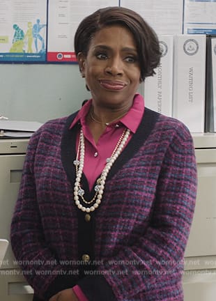 Barbara's pink tweed cardigan on Abbott Elementary