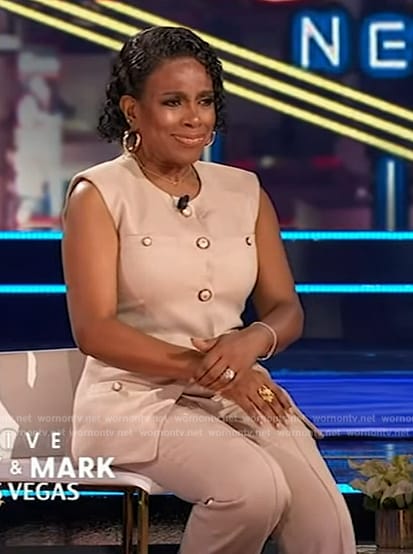 Sheryl Lee Ralph's beige button down vest and pants on Live with Kelly and Mark