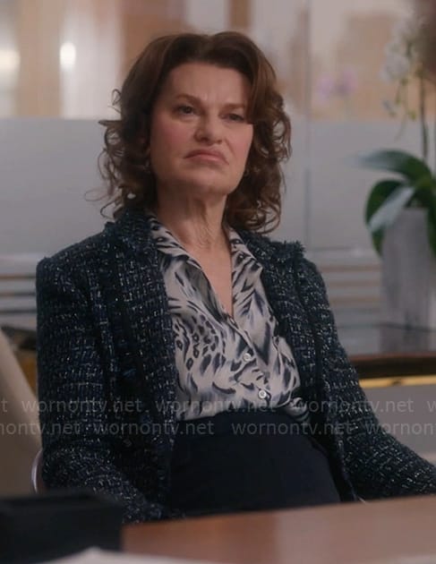 Belinda's animal print blouse and tweed blazer on So Help Me Todd
