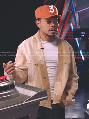 Chance the Rapper’s beige wrap denim jacket on The Voice