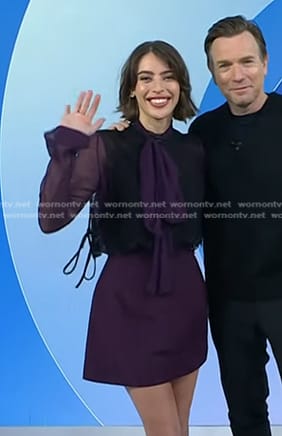 Clara McGregor's purple tie neck blouse and skirt on Today