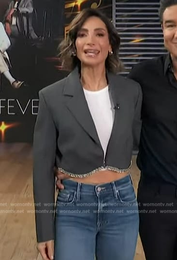 Courtney's gray embellished cropped blazer by E! News