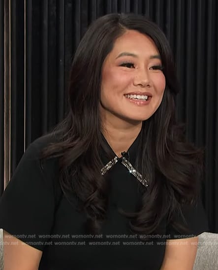 Crystal Kung Minkoff's black embellished collar polo on E! News