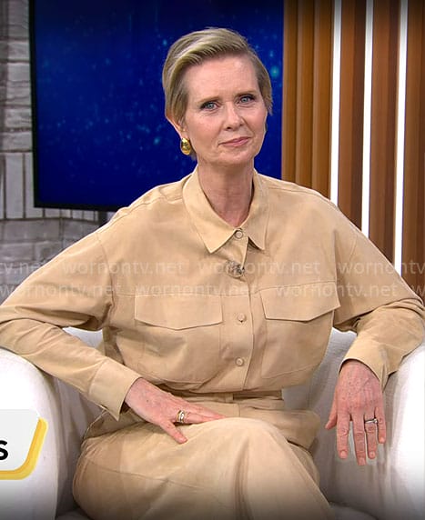 Cynthia Nixon's beige suede shirt and pants set on CBS Mornings