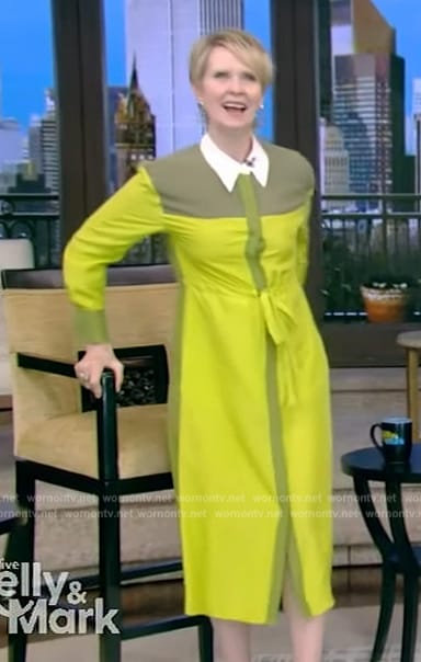 Cynthia Nixon's yellow two tone shirtdress on Live with Kelly and Mark