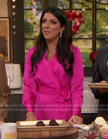 Danielle Sepsy's pink satin wrap dress on The Drew Barrymore Show