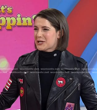 Daryn Carp's multi patch leather moto jacket on Today