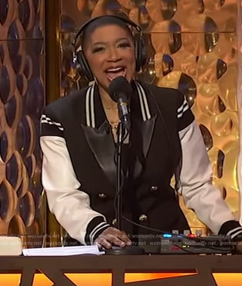 Deja Vu's leather trim bomber blazer on Live with Kelly and Mark