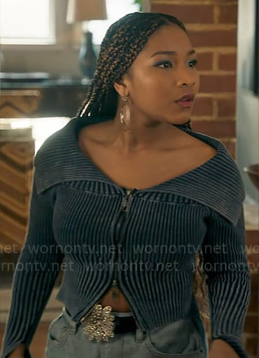 Delilah's blue zip up rib knit top on The Equalizer