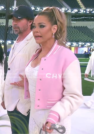 Denise's pink cropped varsity jacket on The Real Housewives of Beverly Hills